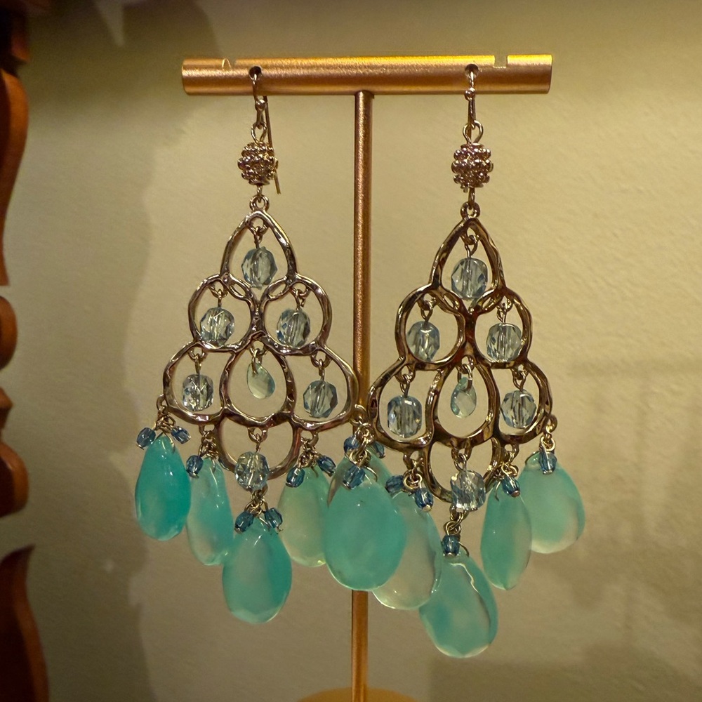 Vintage Y2K J. Crew Gold and Teal Chandelier Earrings 3.5” Drop - Picture 4 of 5